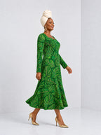 "Asili Emerald" Long Sleeve Sweetheart Midi Dress — side view on model