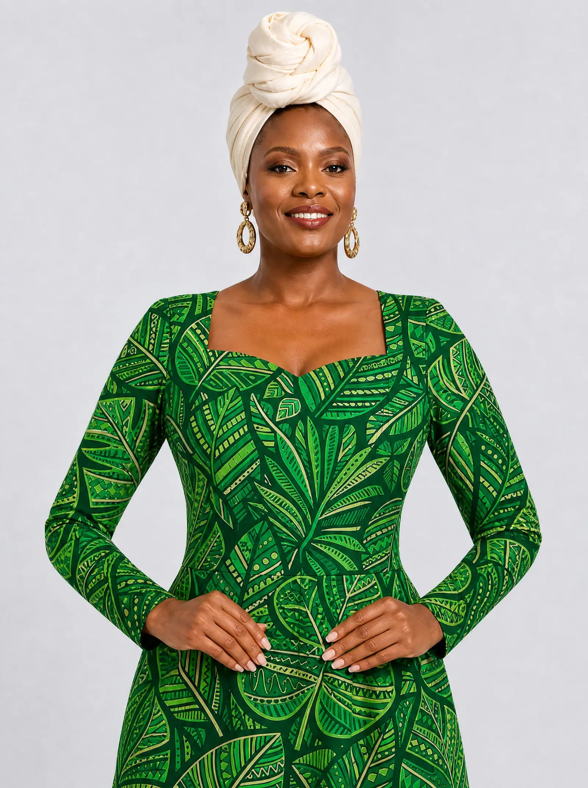 "Asili Emerald" Long Sleeve Sweetheart Midi Dress — print close-up on model