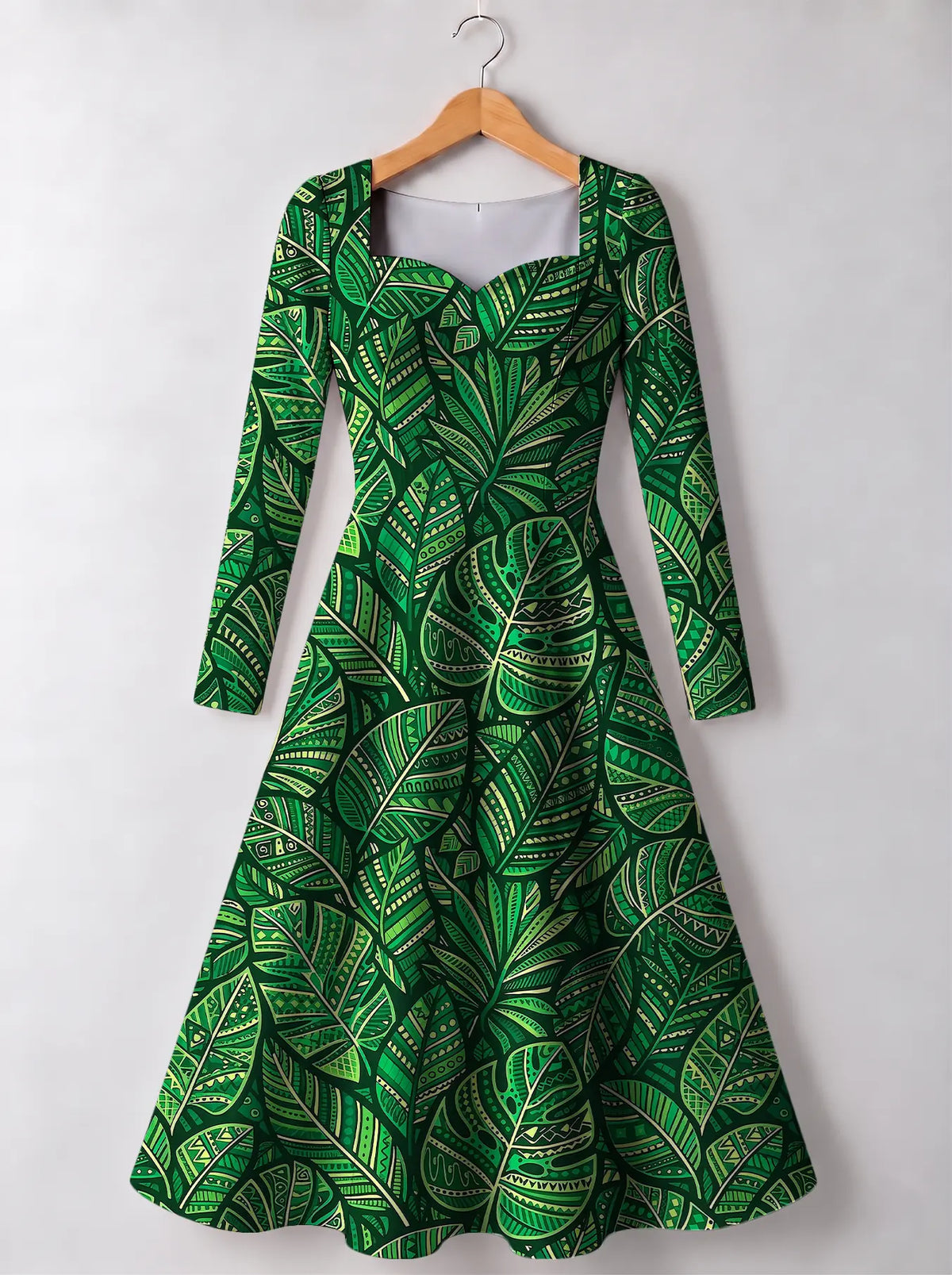 "Asili Emerald" Long Sleeve Sweetheart Midi Dress — front view