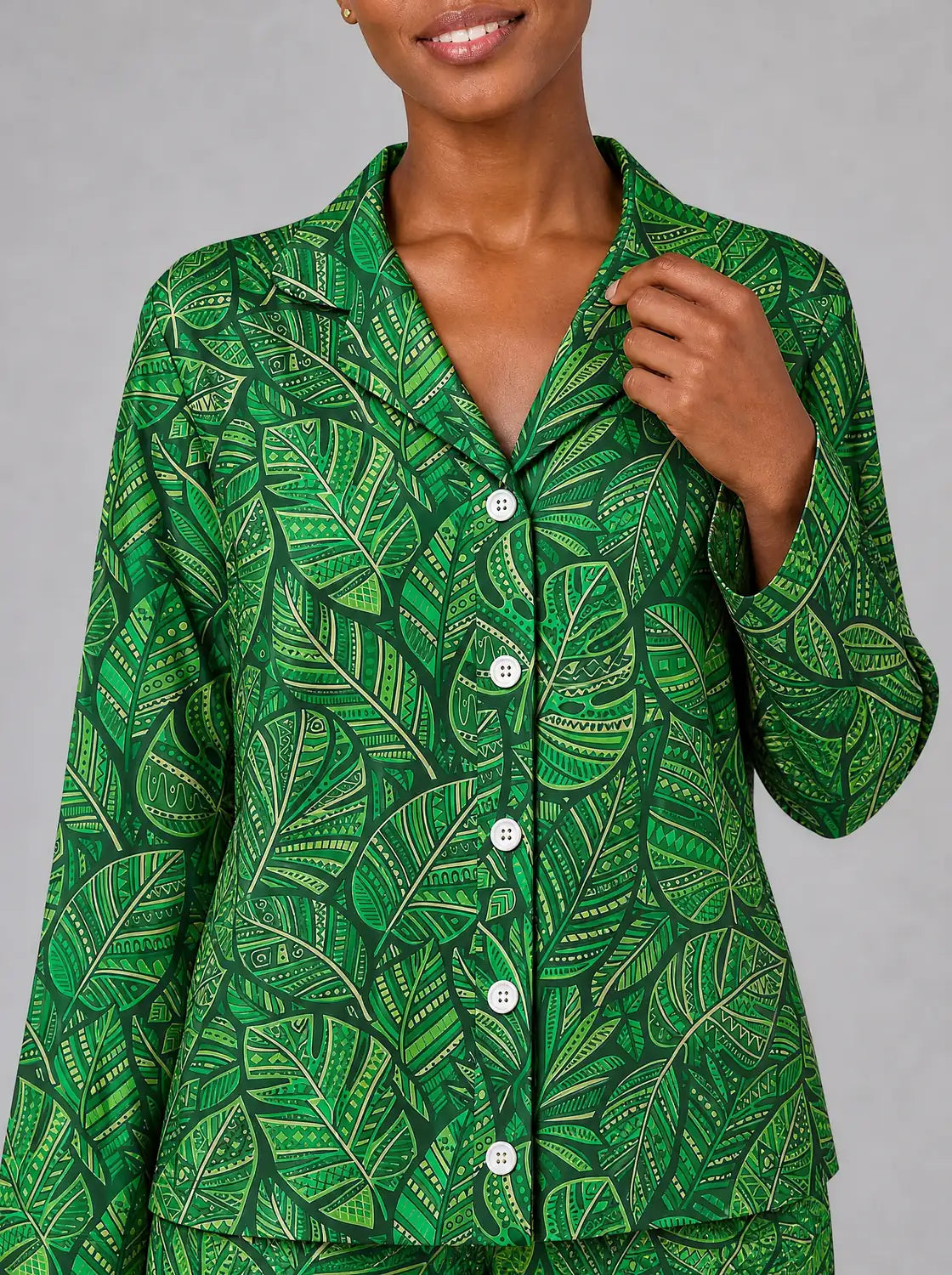 "Asili" Emerald Pajama Set — close-up on model