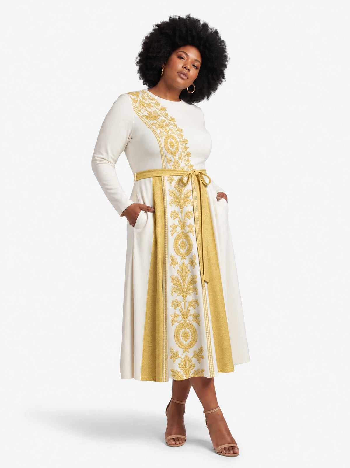 "Athena" Long Sleeve Midaxi Dress — walking, three-quarter view on model