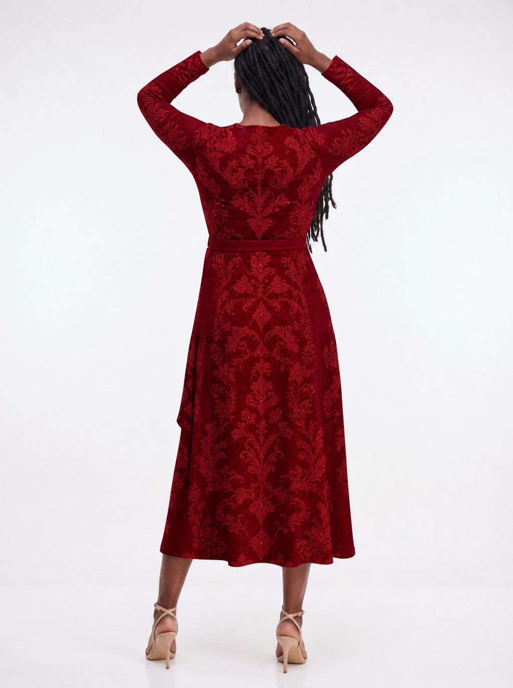 "Avalon" Long Sleeve Midaxi Dress — back view on model
