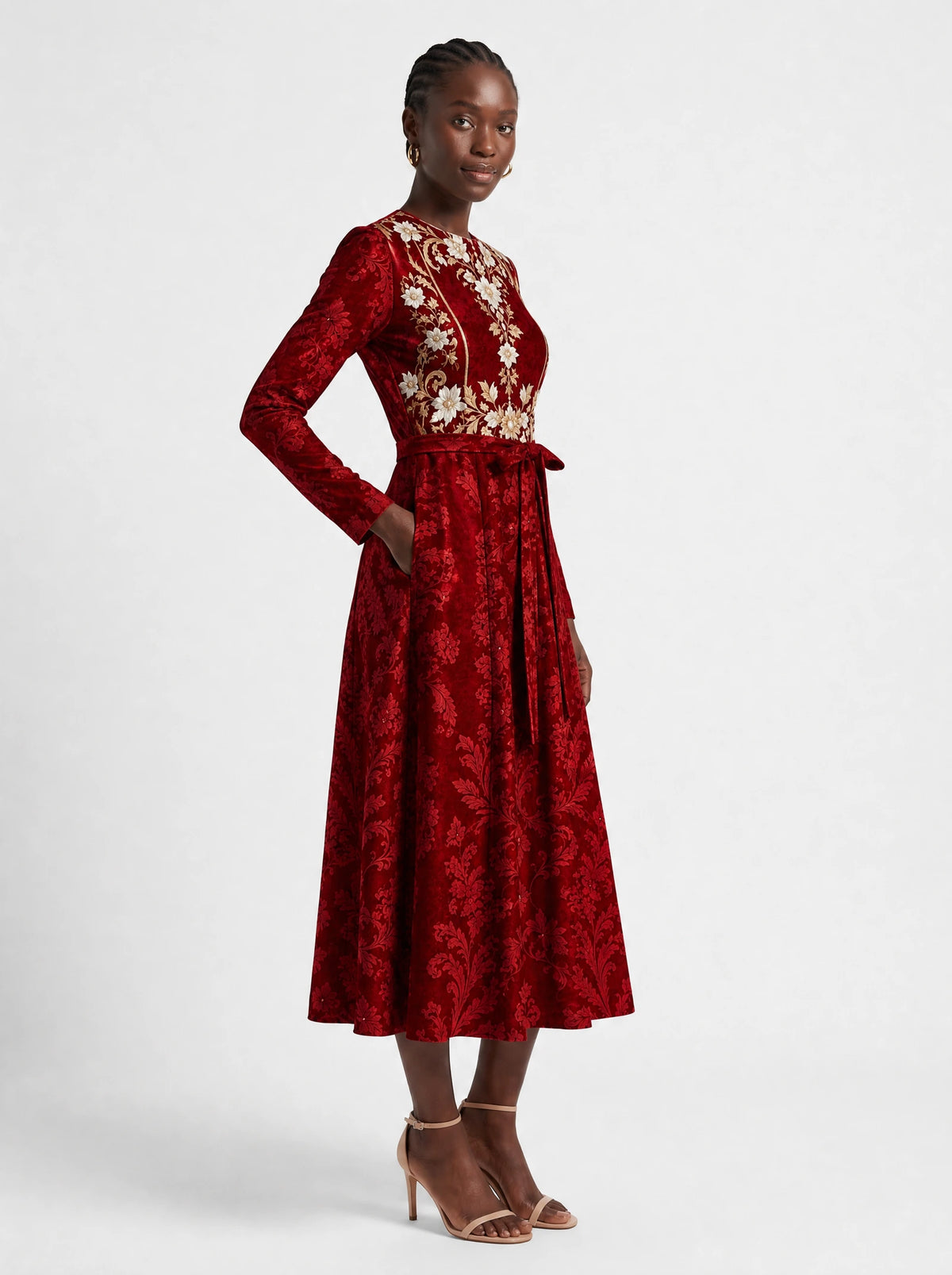 "Avalon" Long Sleeve Midaxi Dress — walking, three-quarter view on model
