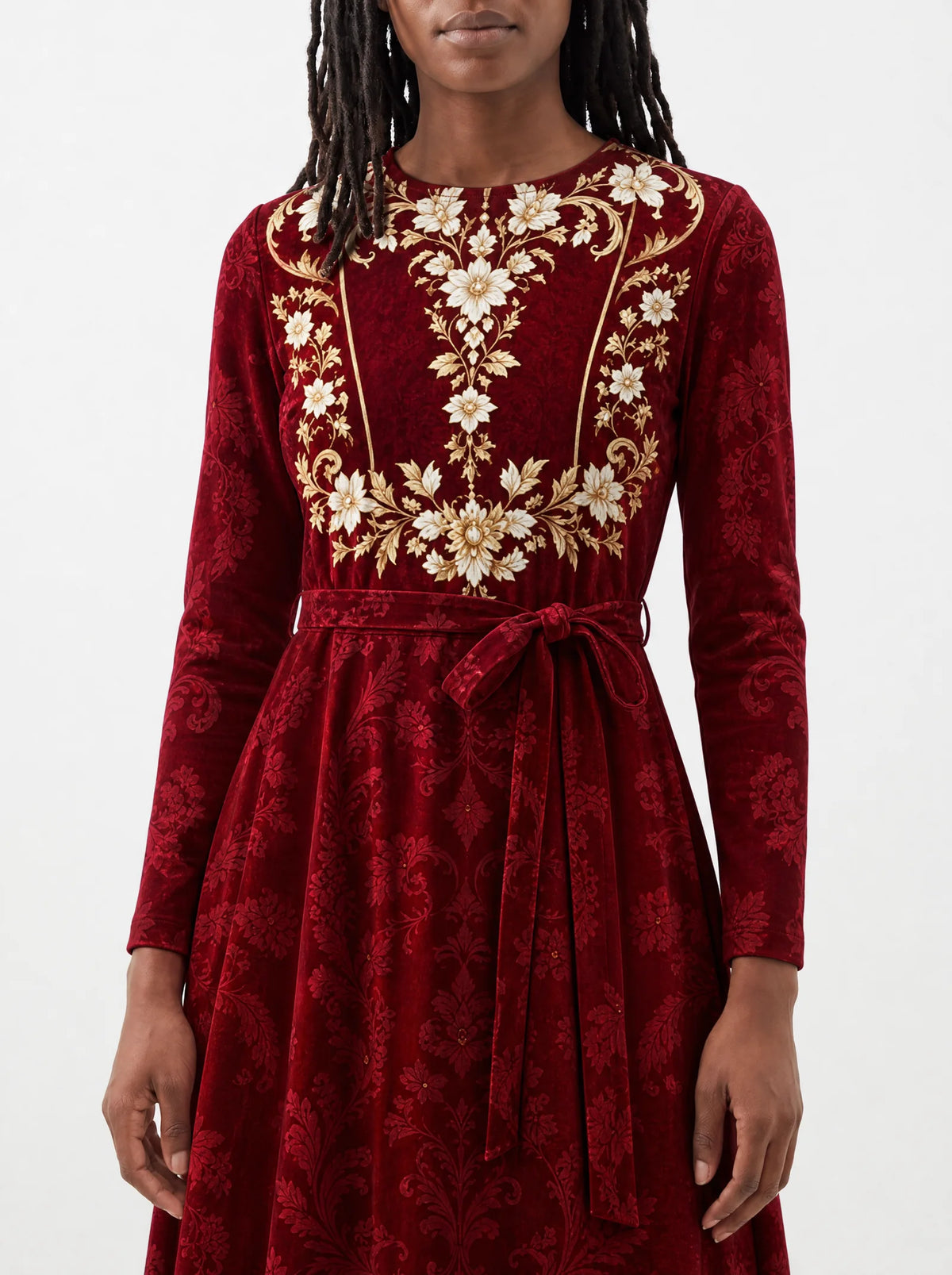 "Avalon" Long Sleeve Midaxi Dress — standing, angled view on model