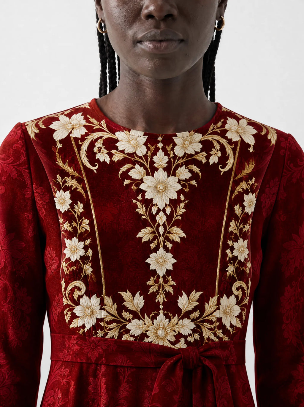 "Avalon" Long Sleeve Midaxi Dress — three-quarter view on model