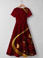 "August Girl Roses" V Neck Midi Dress