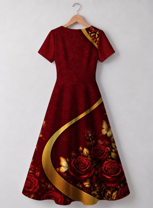 "August Girl Roses" V Neck Midi Dress