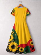 "August Queen Sunflower" Short Sleeve Maxi Dress
