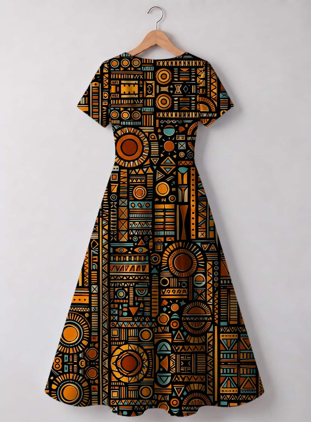 "Afrocentric Pattern" V Neck Midi Dress