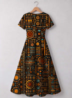 "Afrocentric Pattern" V Neck Midi Dress