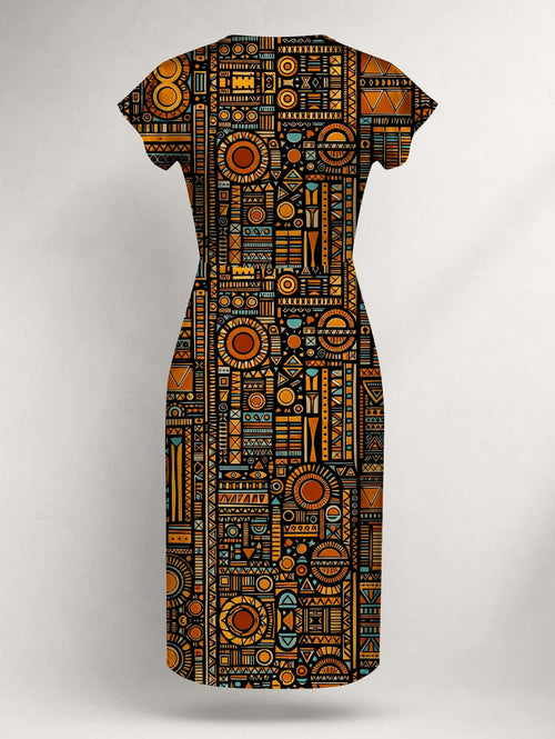 "Afrocentric Pattern" Cap Sleeve Midi Dress