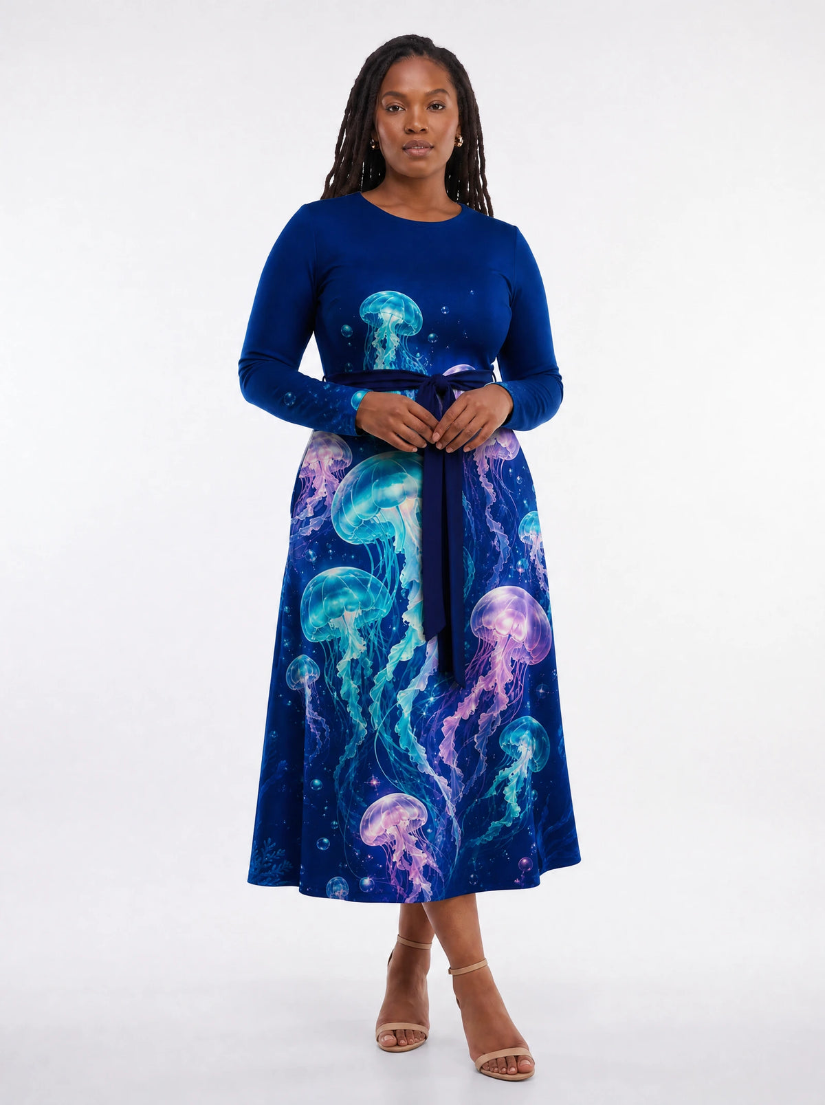 "Bahari" Long Sleeve Midaxi Dress — front view on model