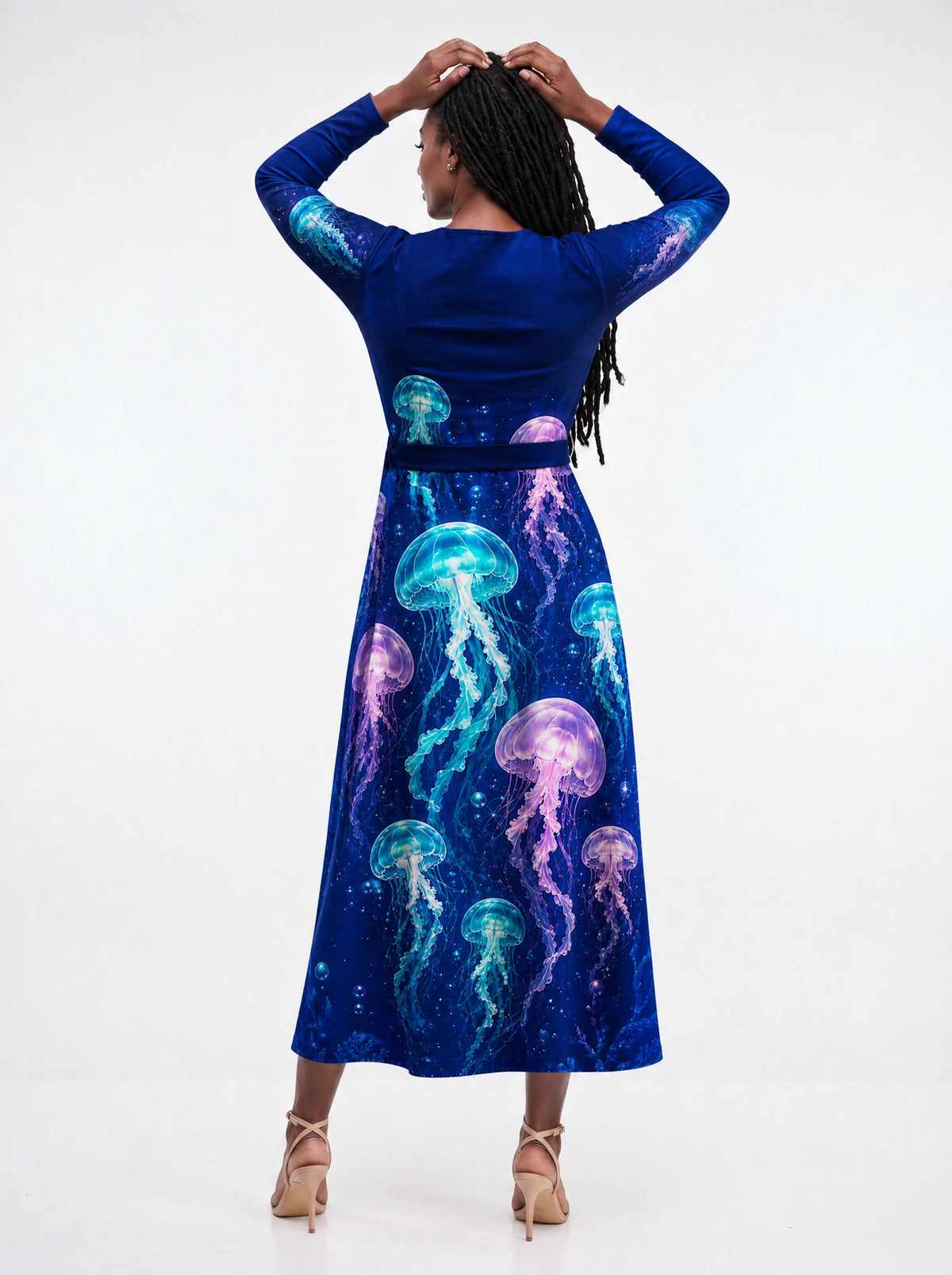 "Bahari" Long Sleeve Midaxi Dress — back view on model