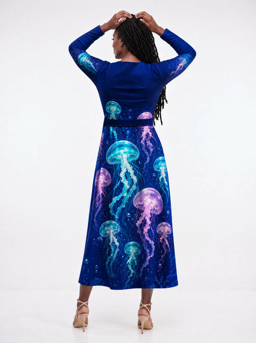 "Bahari" Long Sleeve Midaxi Dress — back view on model
