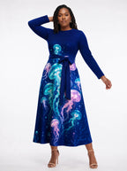 "Bahari" Long Sleeve Midaxi Dress — three-quarter view on model, hand in the side pocket