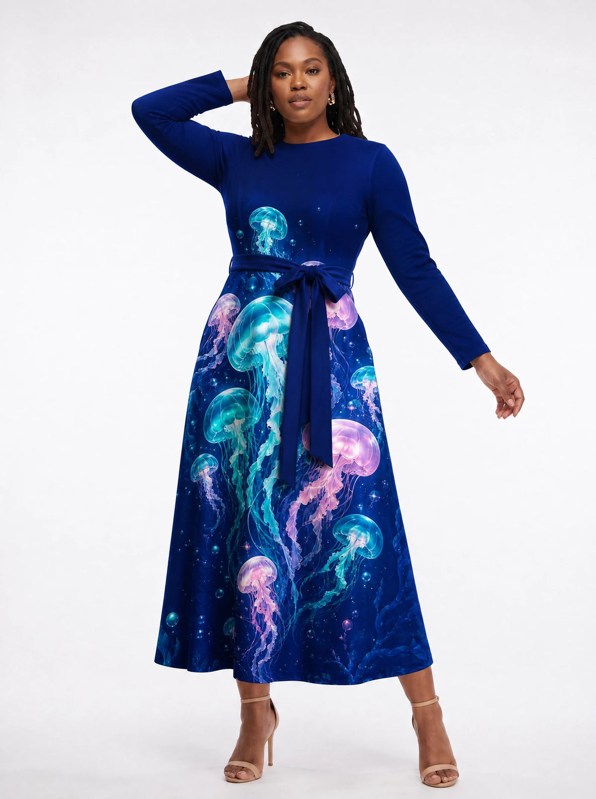 "Bahari" Long Sleeve Midaxi Dress — three-quarter view on model, hand in the side pocket