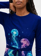 "Bahari" Long Sleeve Midaxi Dress — close-up of the round neckline and long sleeve