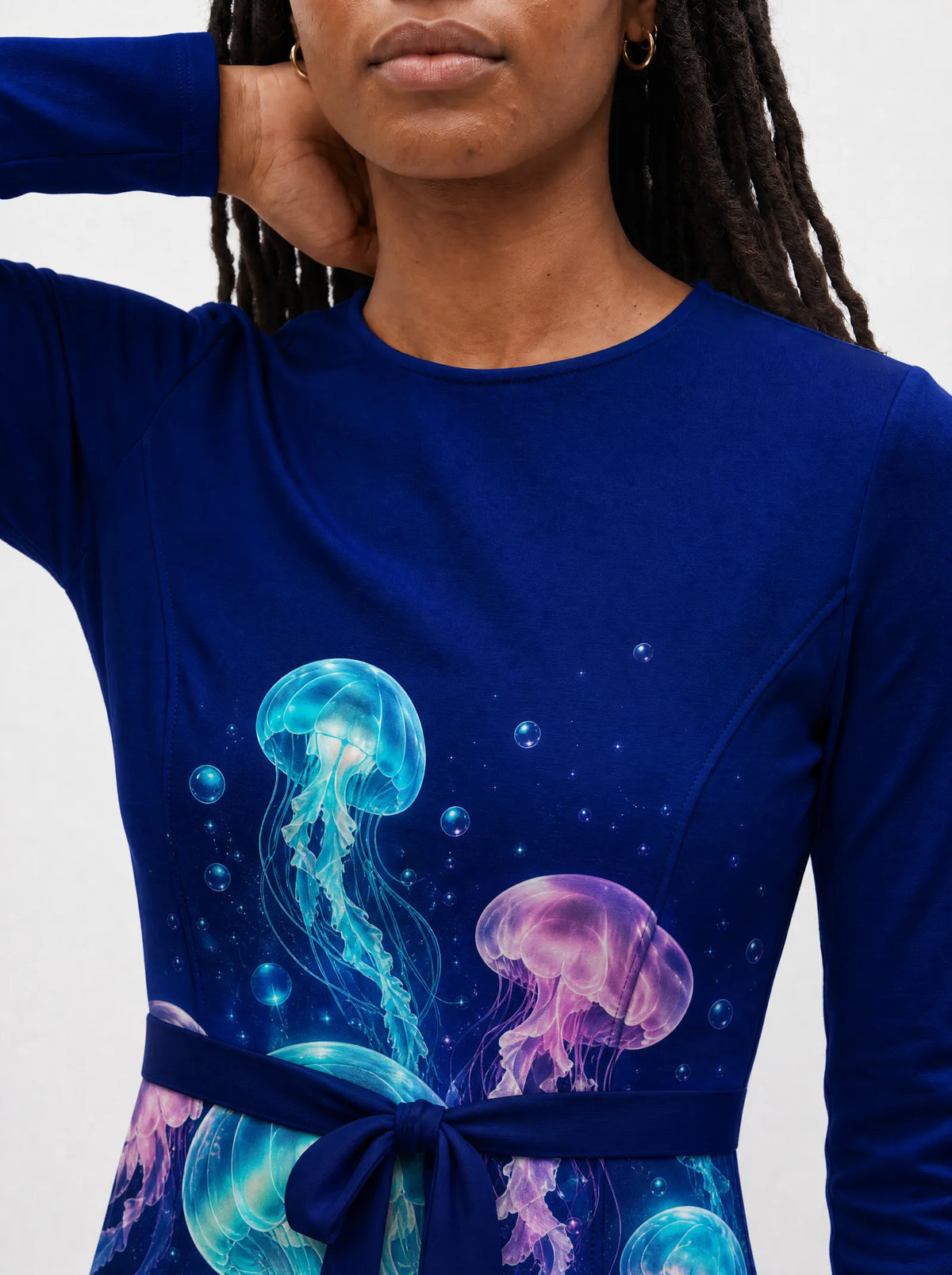 "Bahari" Long Sleeve Midaxi Dress — close-up of the round neckline and long sleeve