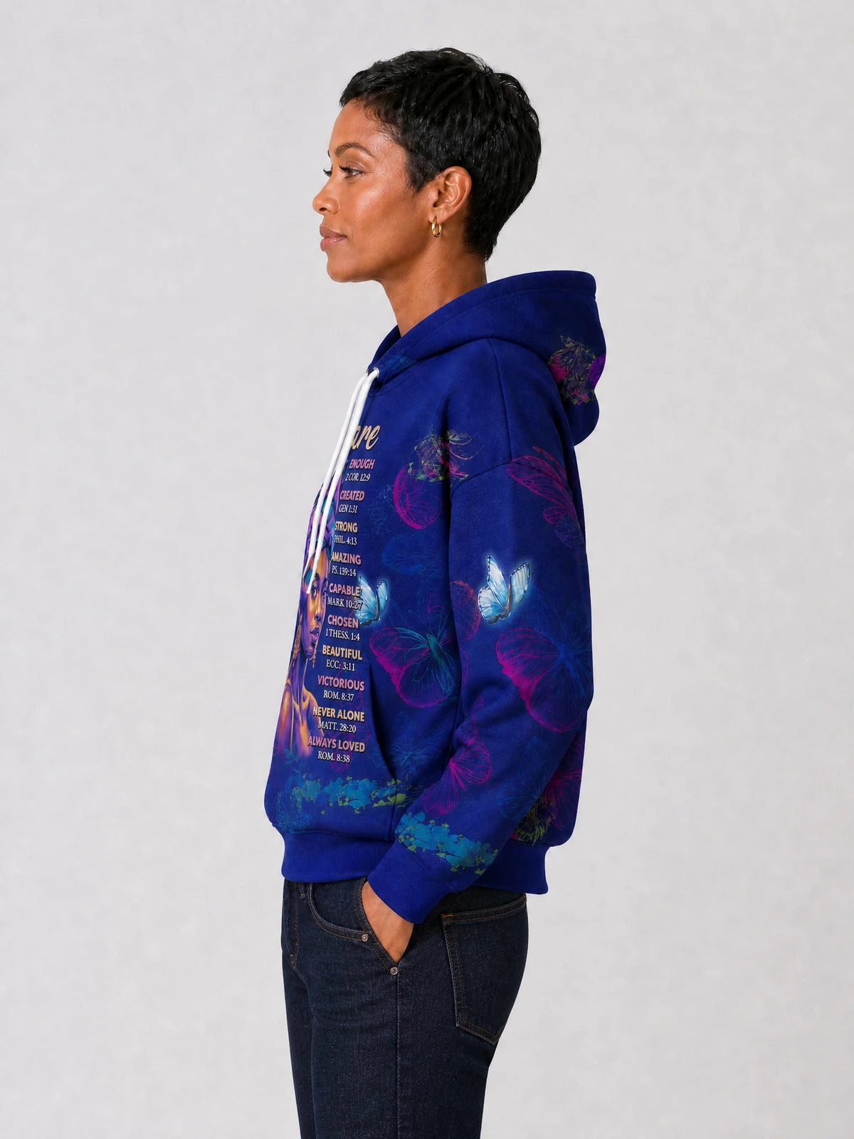 "Blue Orchid" Hoodie — side view on model