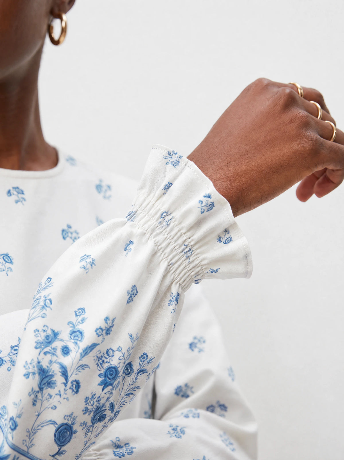 "Buluu" Long Sleeve Maxi Dress — close-up of the gathered ruffle cuff at the wrist