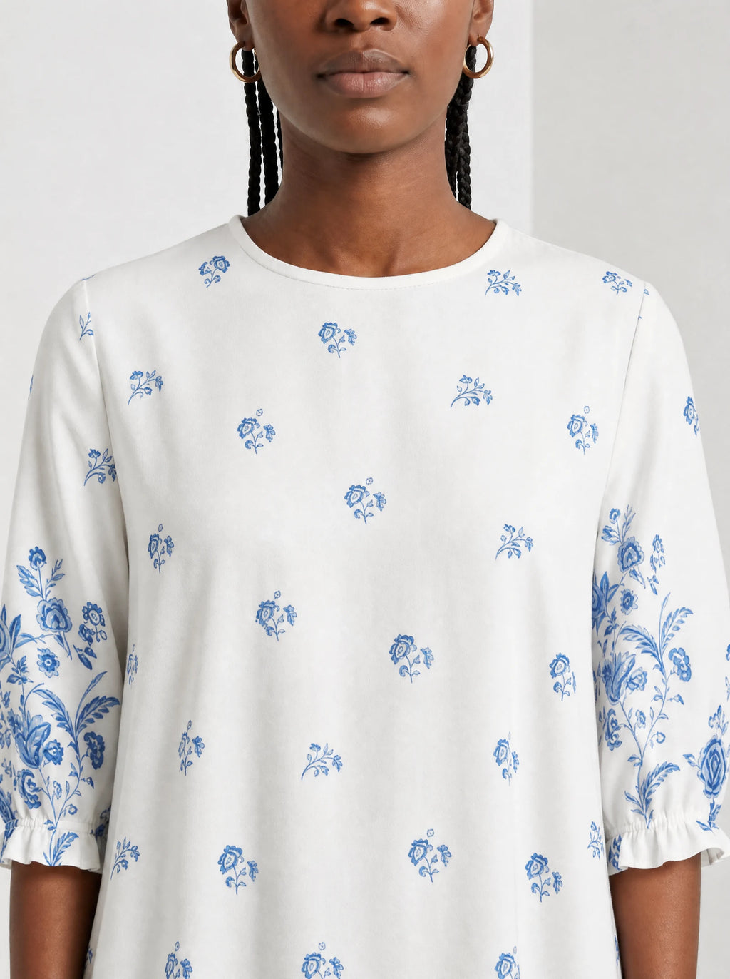"Buluu" Long Sleeve Maxi Dress — close-up of the high round neckline