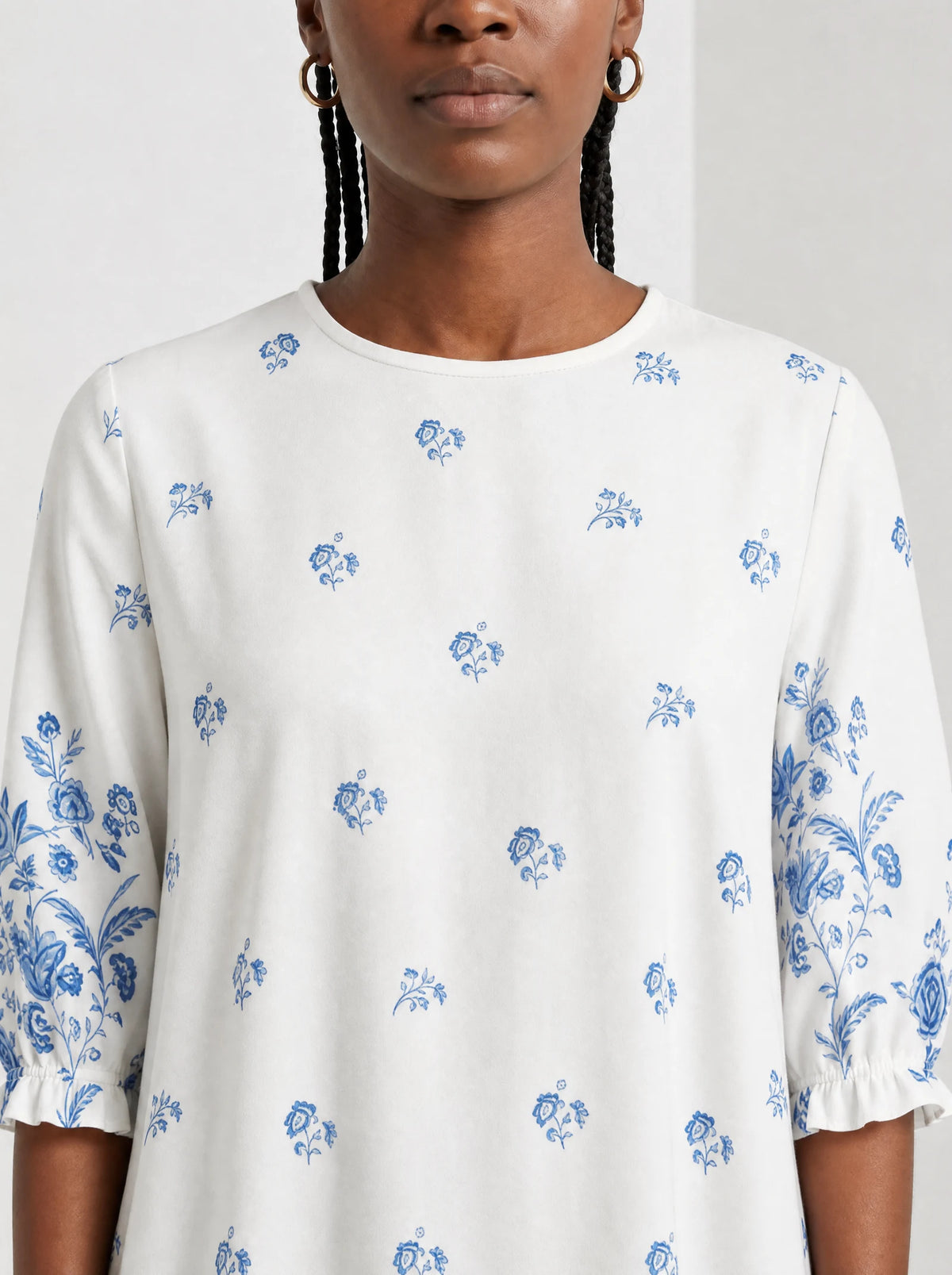 "Buluu" Long Sleeve Maxi Dress — close-up of the high round neckline
