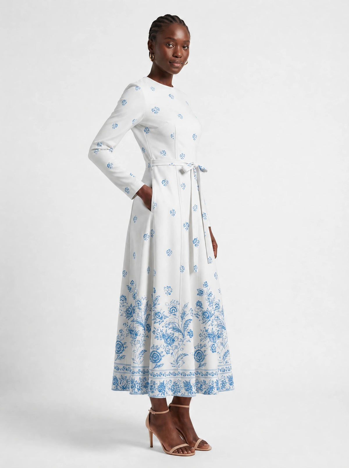 "Buluu" Long Sleeve Midaxi Dress — three-quarter view on model, hand in the side pocket
