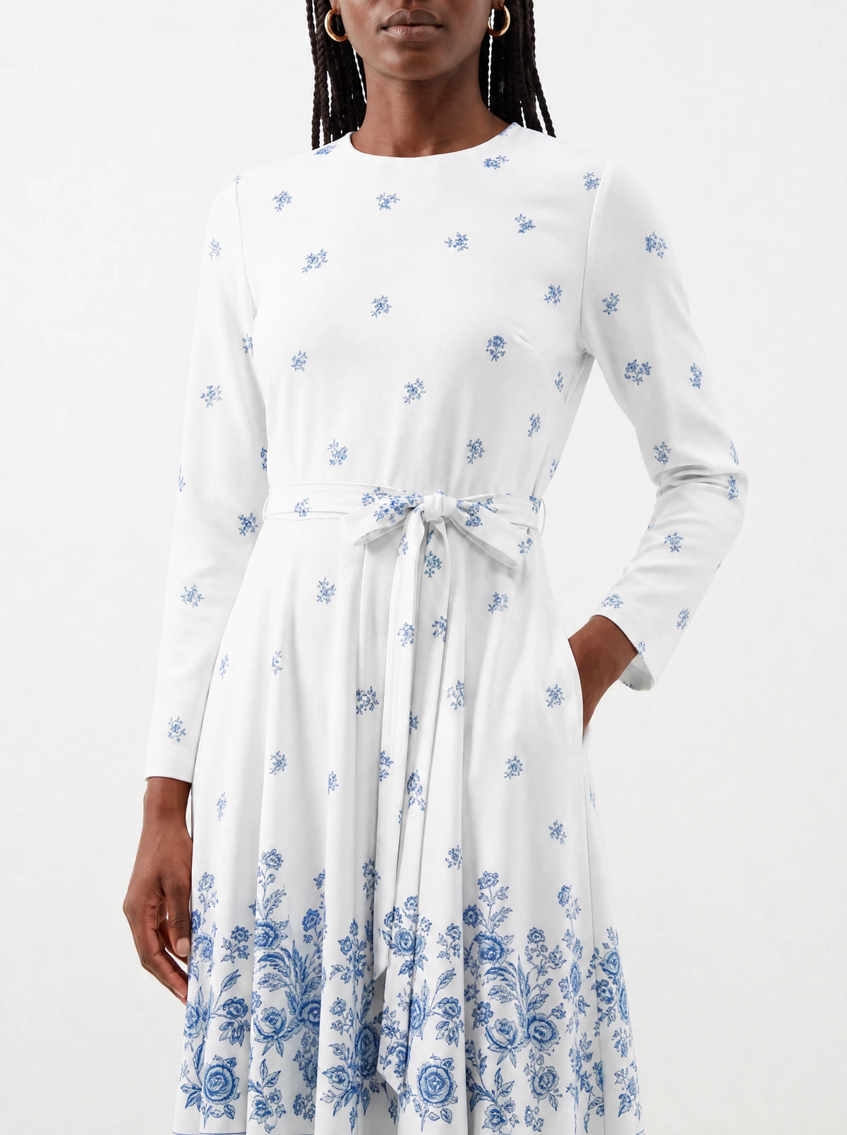 "Buluu" Long Sleeve Midaxi Dress — close-up of the tie sash and the in-seam side pocket
