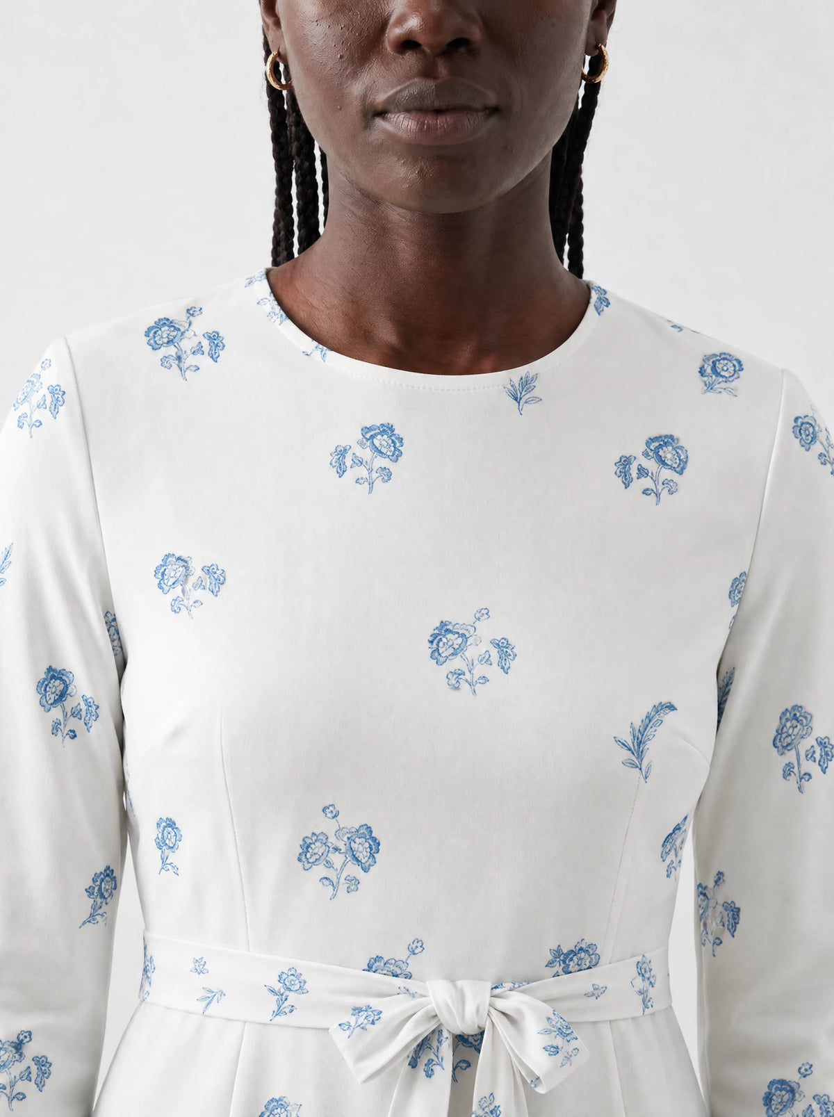 "Buluu" Long Sleeve Midaxi Dress — close-up of the round neckline and long sleeve