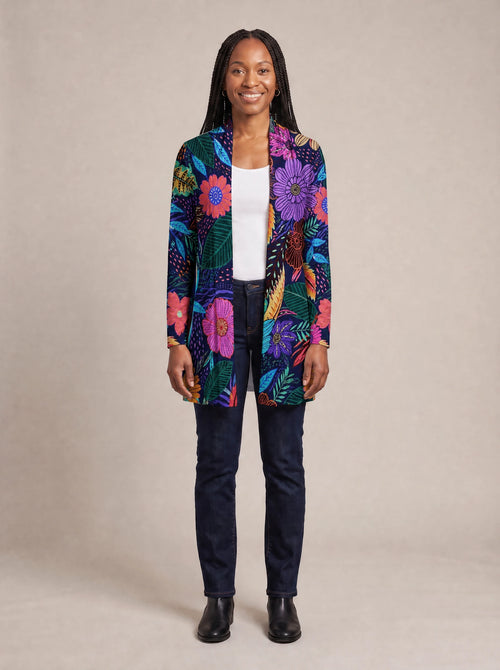 "Bustani" Long Cardigan — front view on model