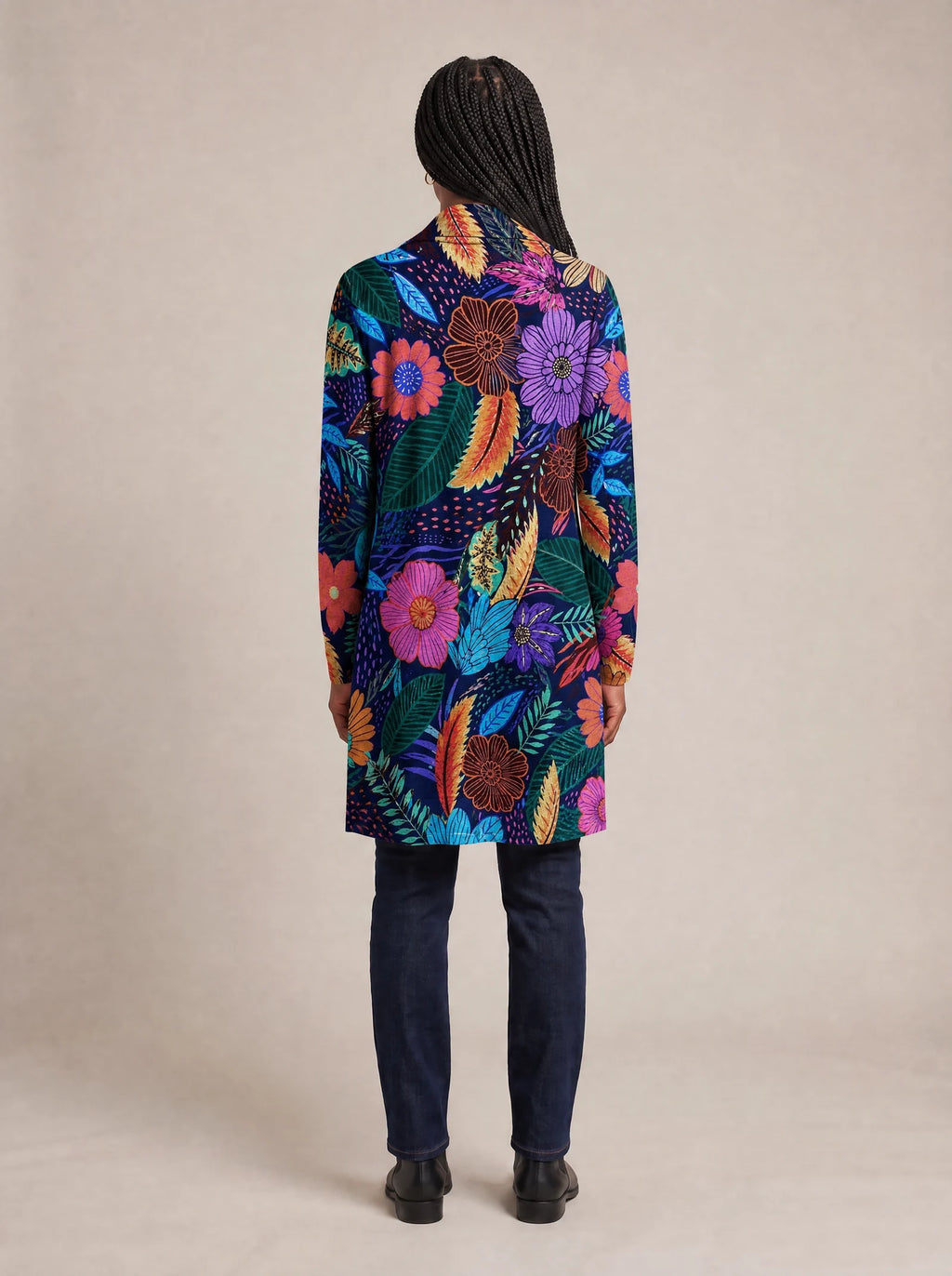 "Bustani" Long Cardigan — back view on model
