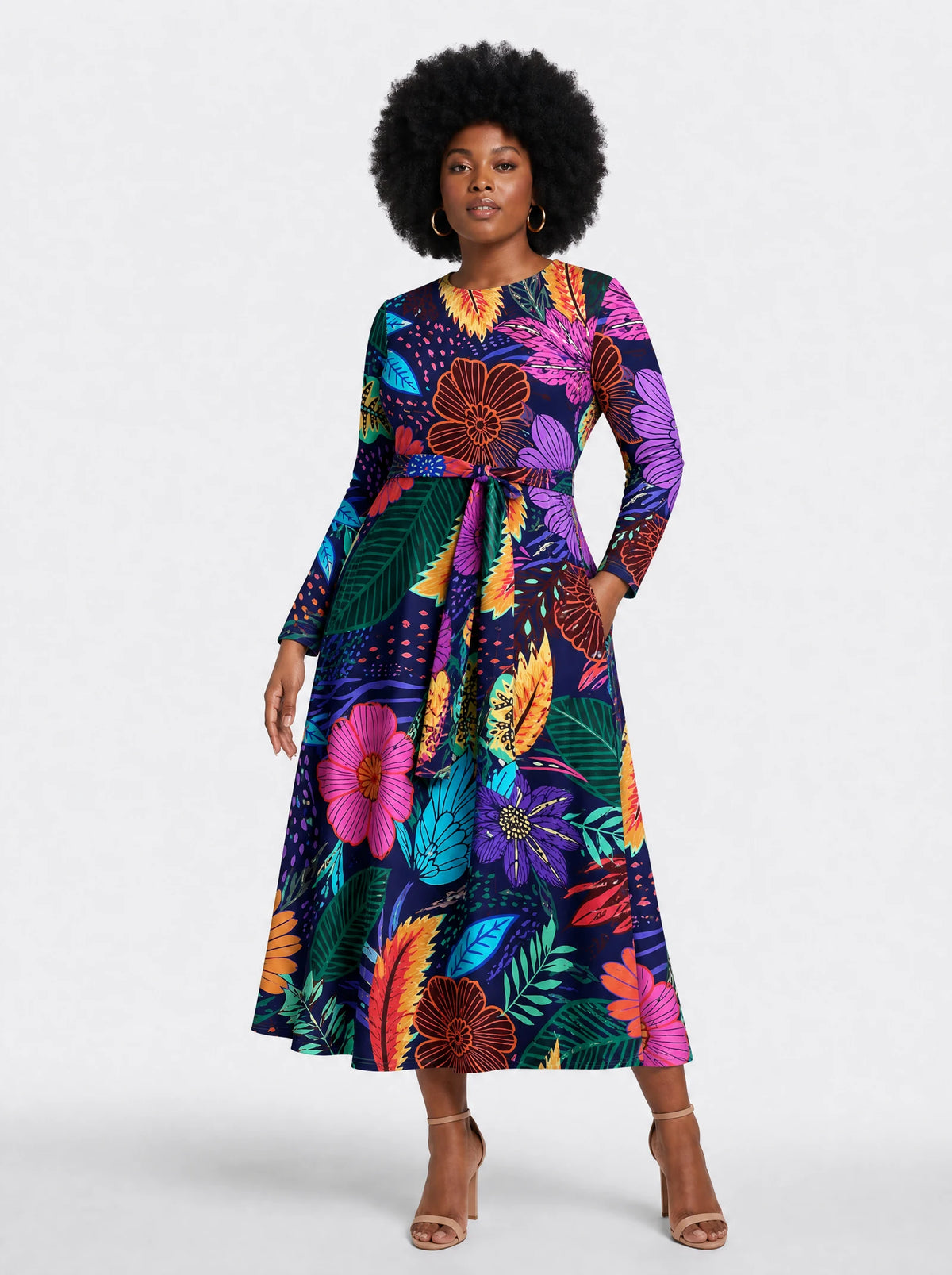 "Bustani" Long Sleeve Midaxi Dress — front view on model