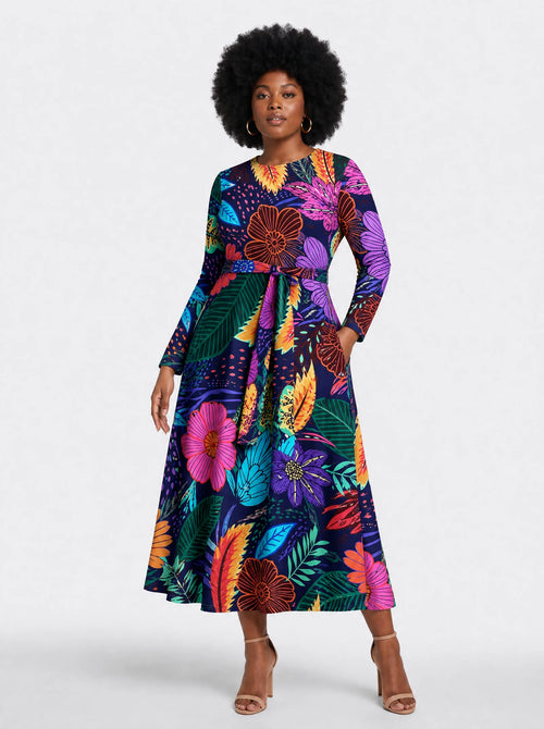 "Bustani" Long Sleeve Midaxi Dress — front view on model