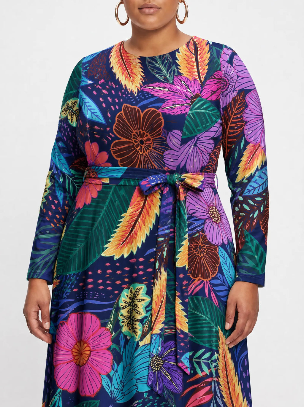 "Bustani" Long Sleeve Midaxi Dress — close-up of the tie sash and the in-seam side pocket