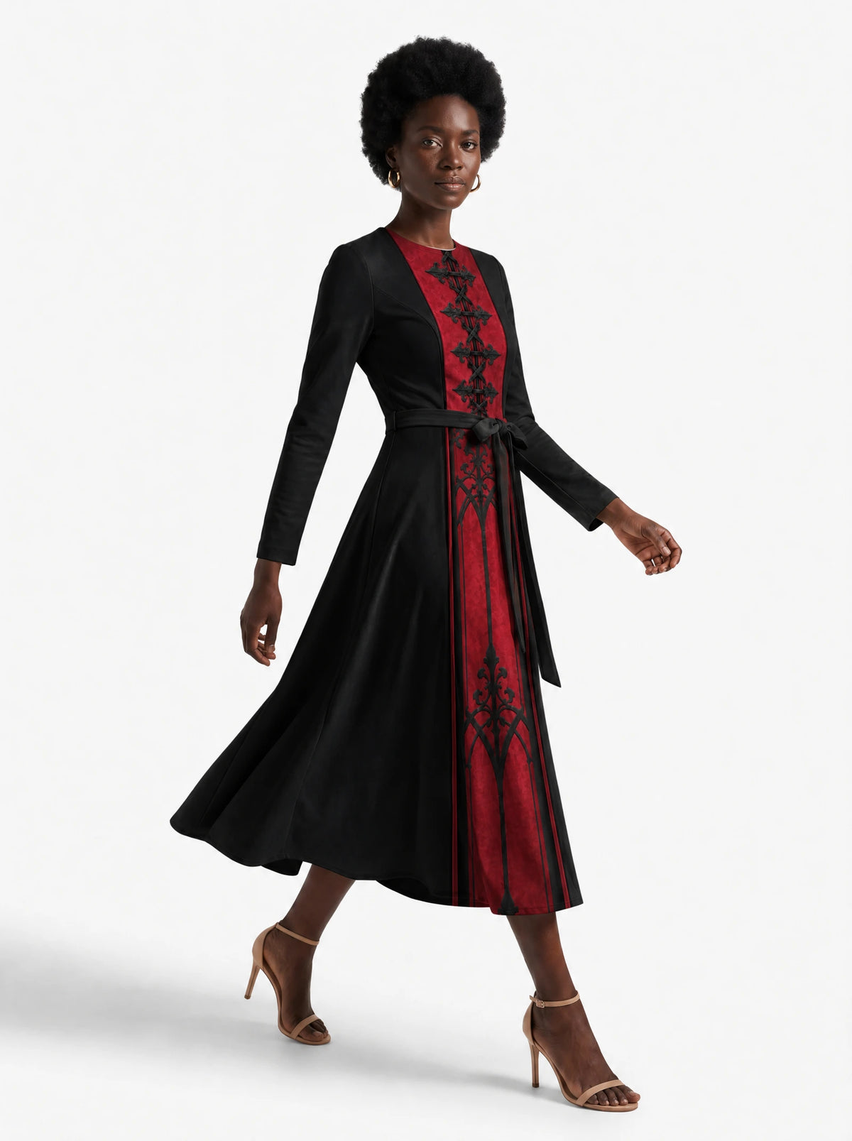 "Carmilla" Long Sleeve Midaxi Dress — walking, three-quarter view on model