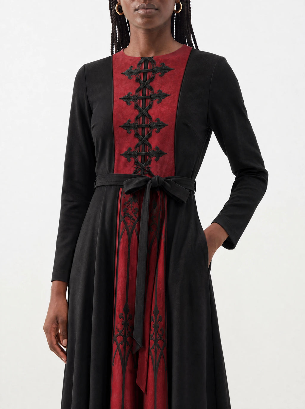 "Carmilla" Long Sleeve Midaxi Dress — standing, angled view on model