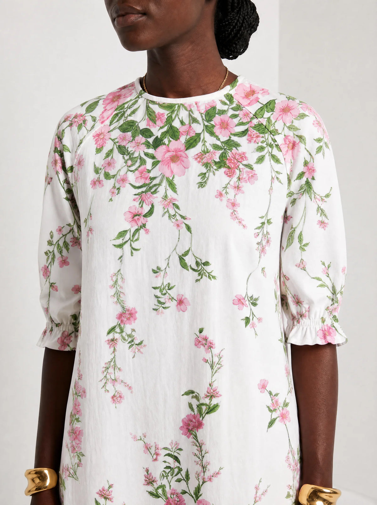 "Chanua" Long Sleeve Maxi Dress — close-up of the high round neckline