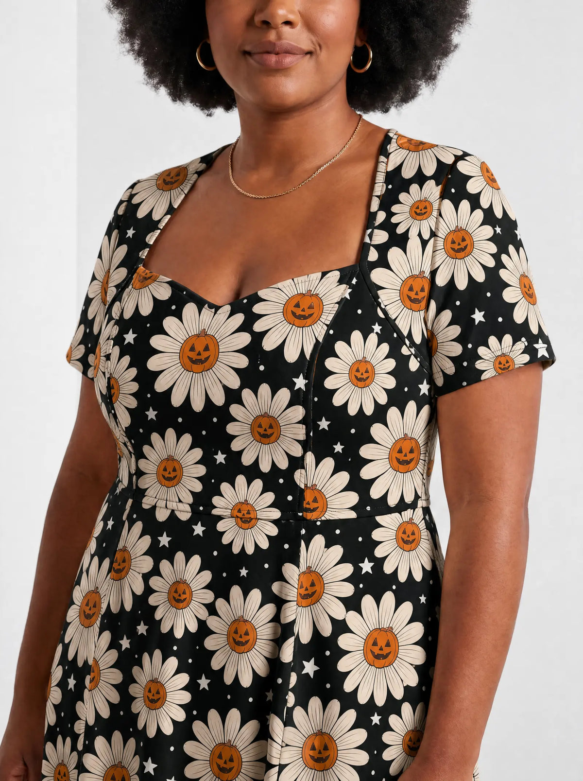 "Cheka" Halloween Sweetheart Midi Dress — close-up of the sweetheart neckline and short sleeve