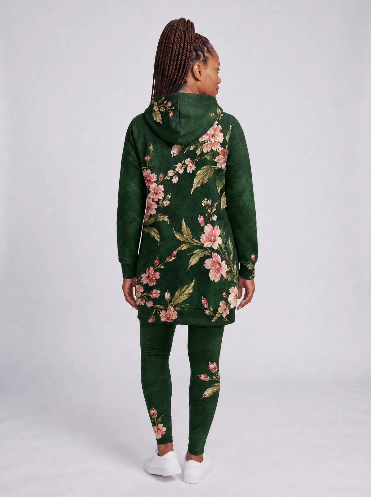 "Chipukizi" Hoodie Dress — back view on model, styled with the matching leggings