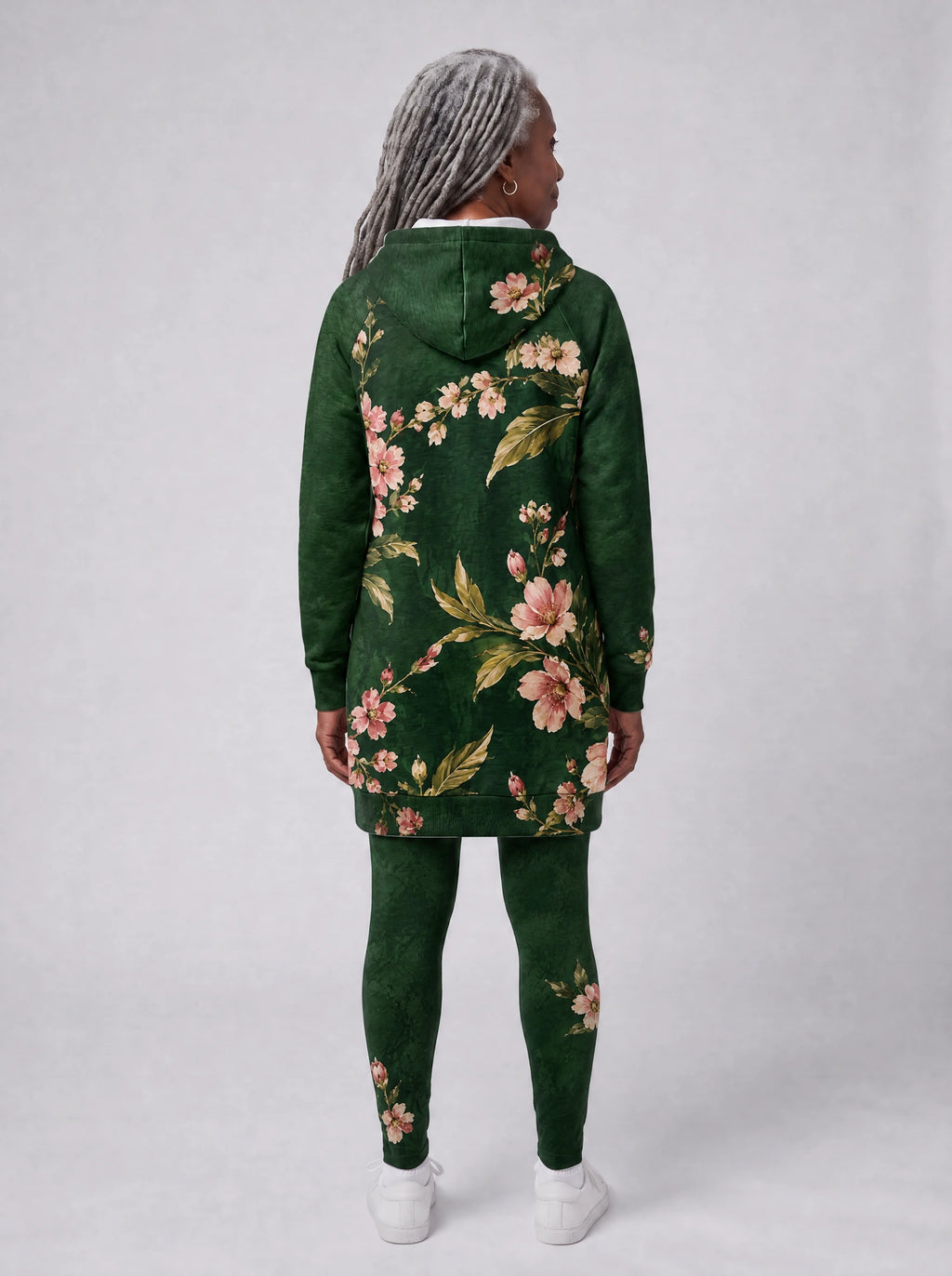 "Chipukizi" Hoodie Dress — back view on model, styled with the matching leggings