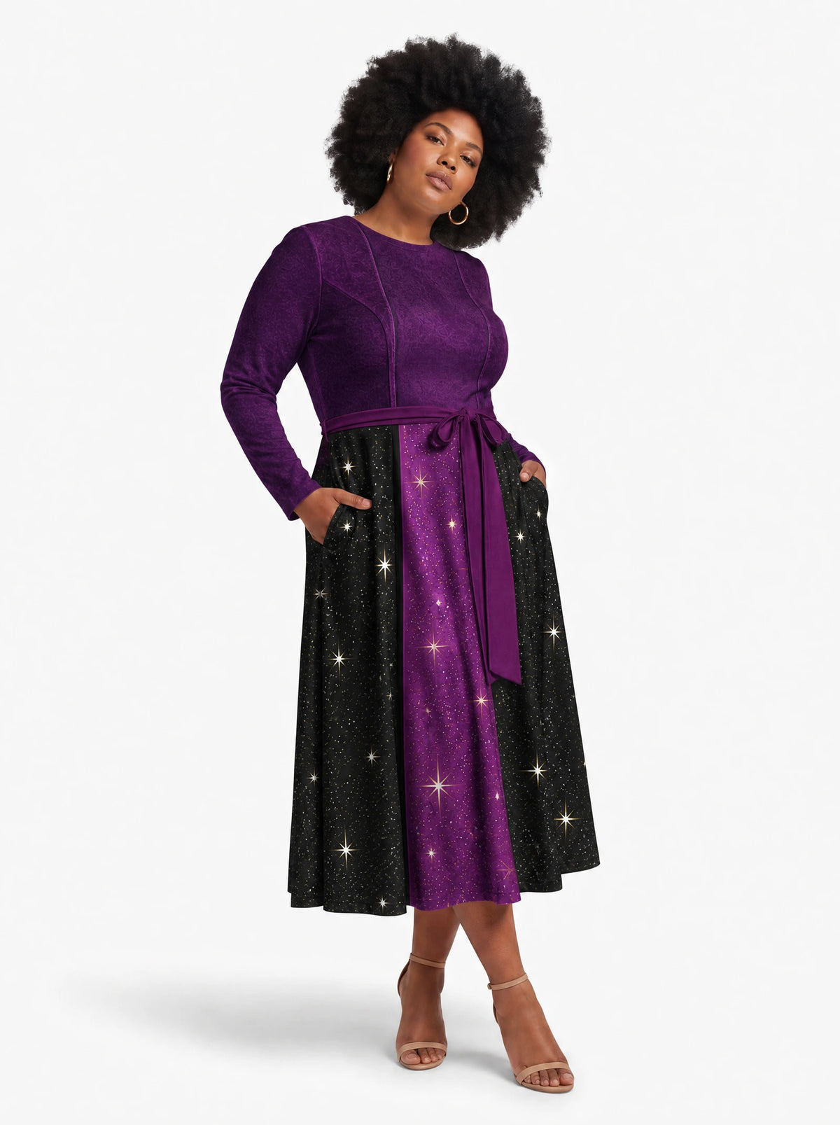 "Dark Fairy" Long Sleeve Midaxi Dress — walking, three-quarter view on model