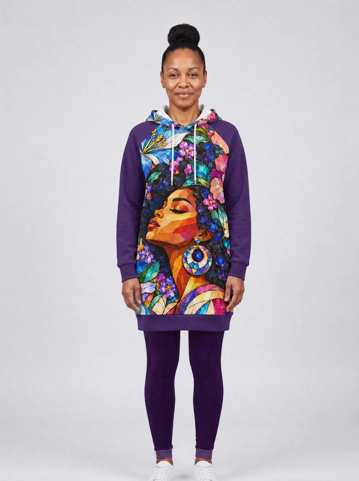 "Dirisha" Hoodie Dress — front view on model, styled with the matching leggings