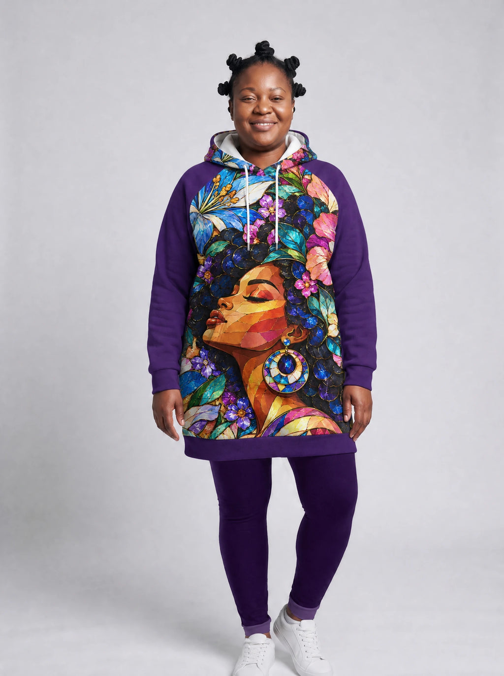 "Dirisha" Hoodie Dress — front view on a plus-size model, styled with the matching leggings