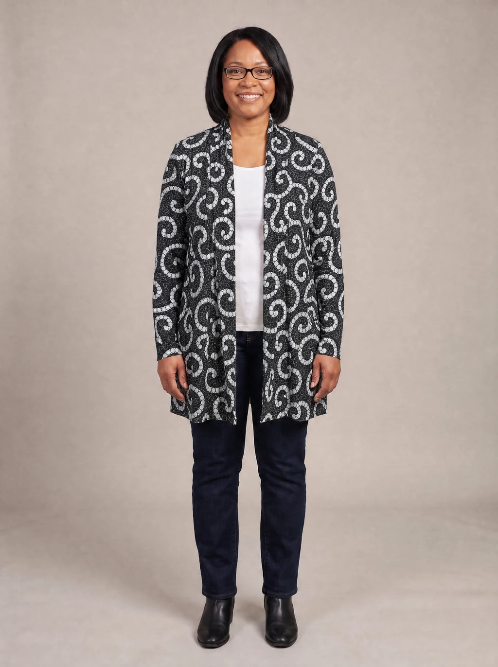 "Duara" Long Cardigan — front view on model