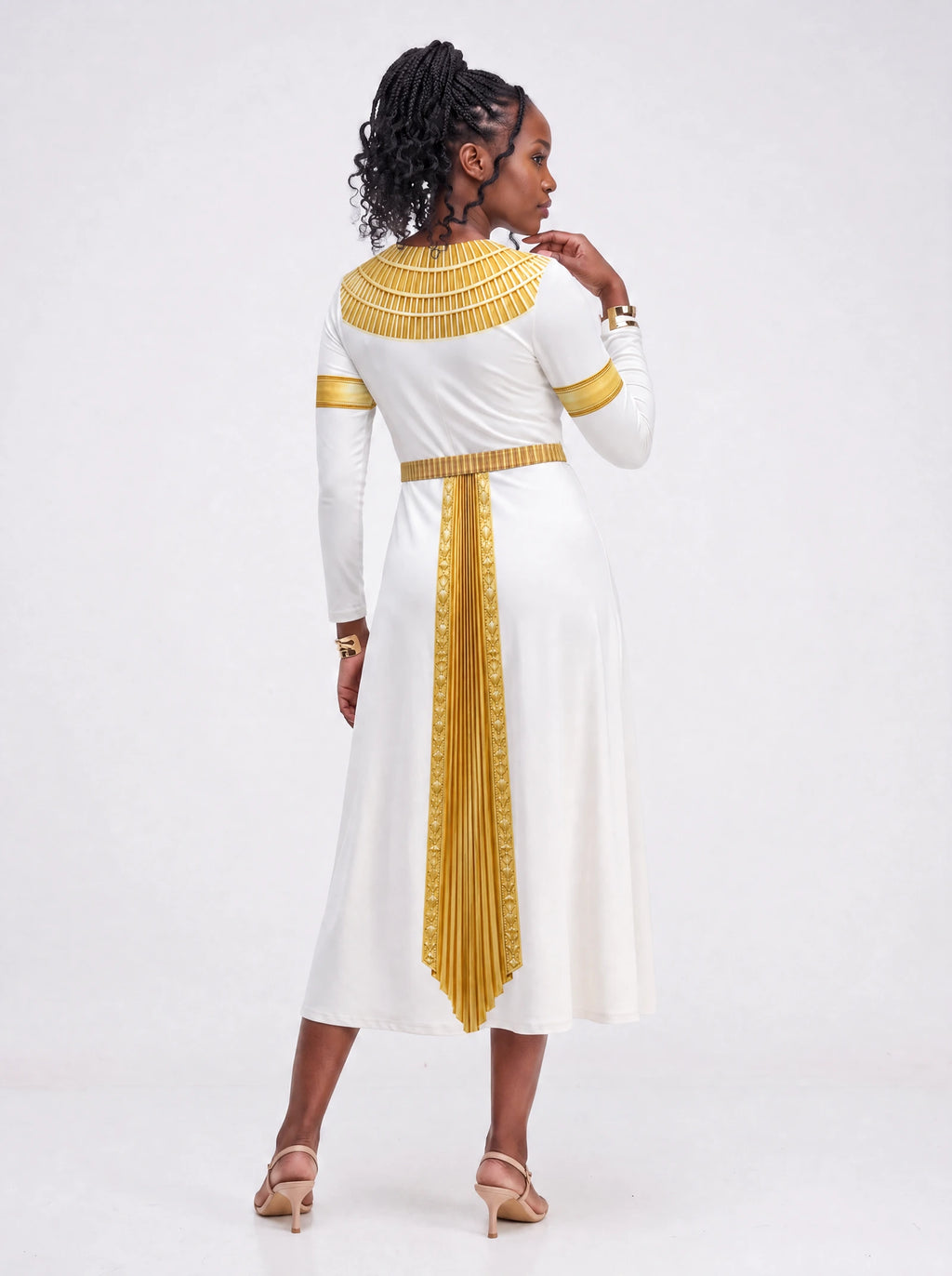 "Egyptian Goddess" Long Sleeve Midaxi Dress — back view on model