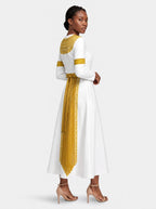 "Egyptian Goddess" Long Sleeve Midaxi Dress — walking, three-quarter view on model