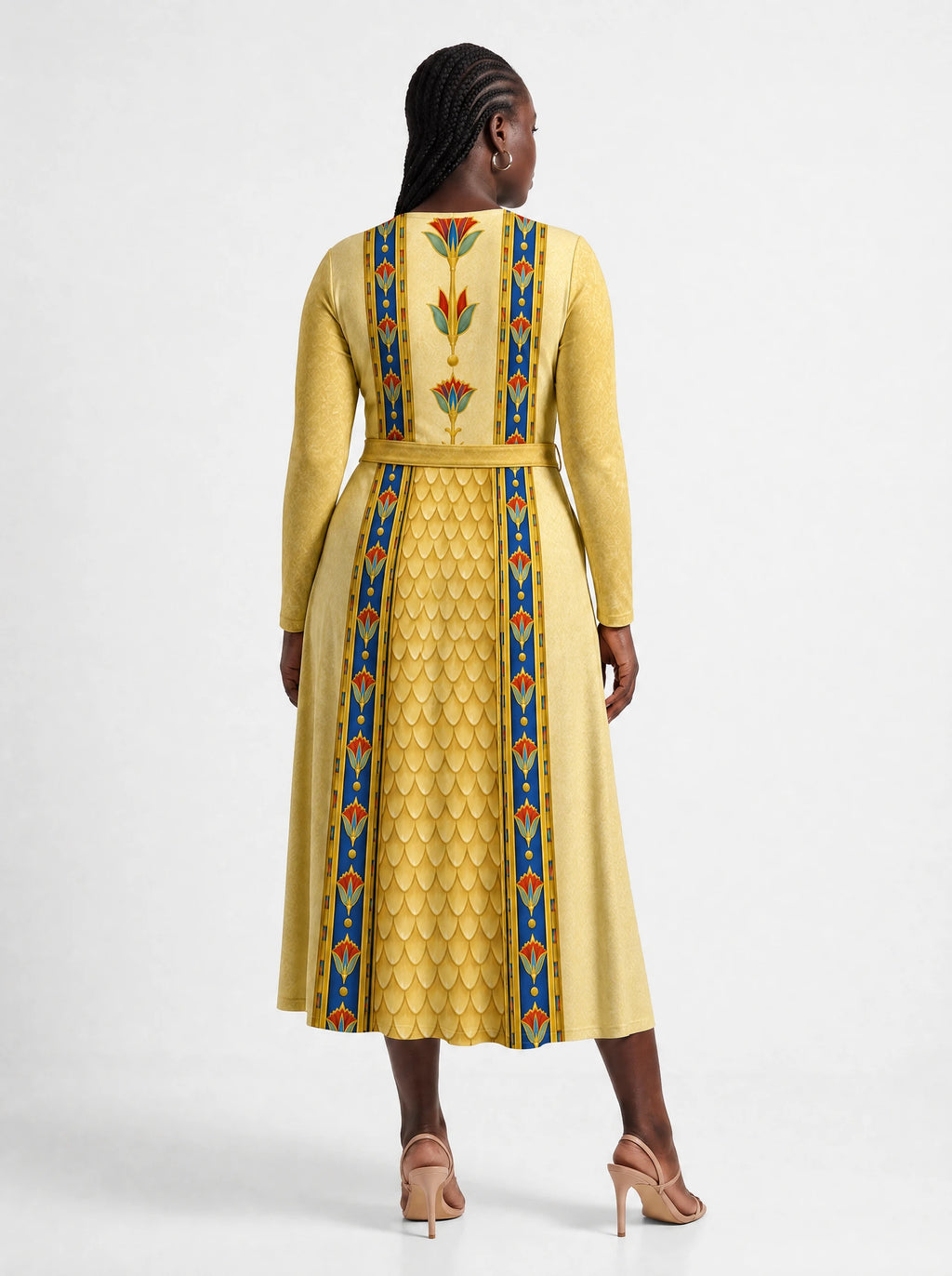"Egyptian Queen" Long Sleeve Midaxi Dress — back view on model