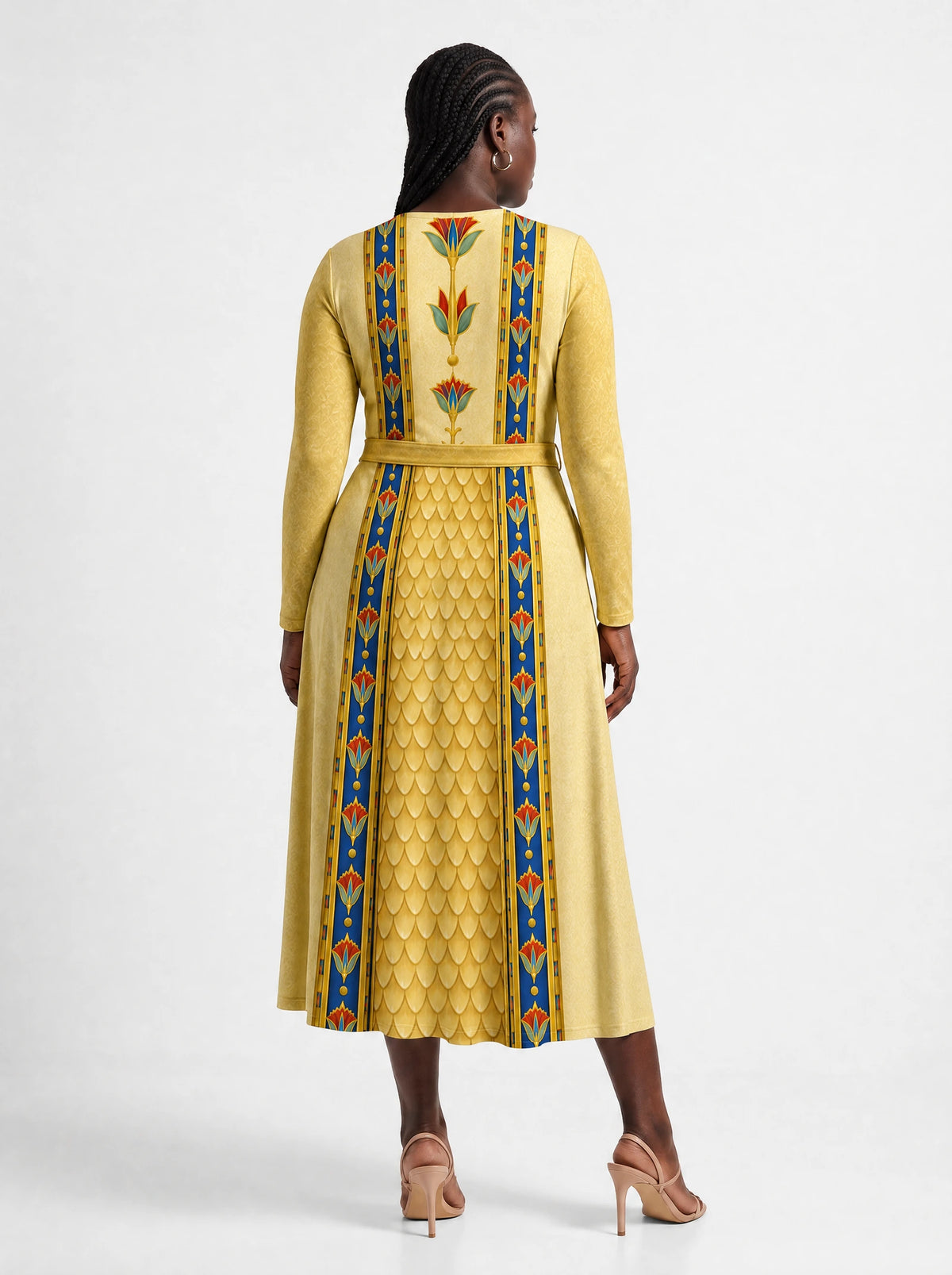 "Egyptian Queen" Long Sleeve Midaxi Dress — back view on model