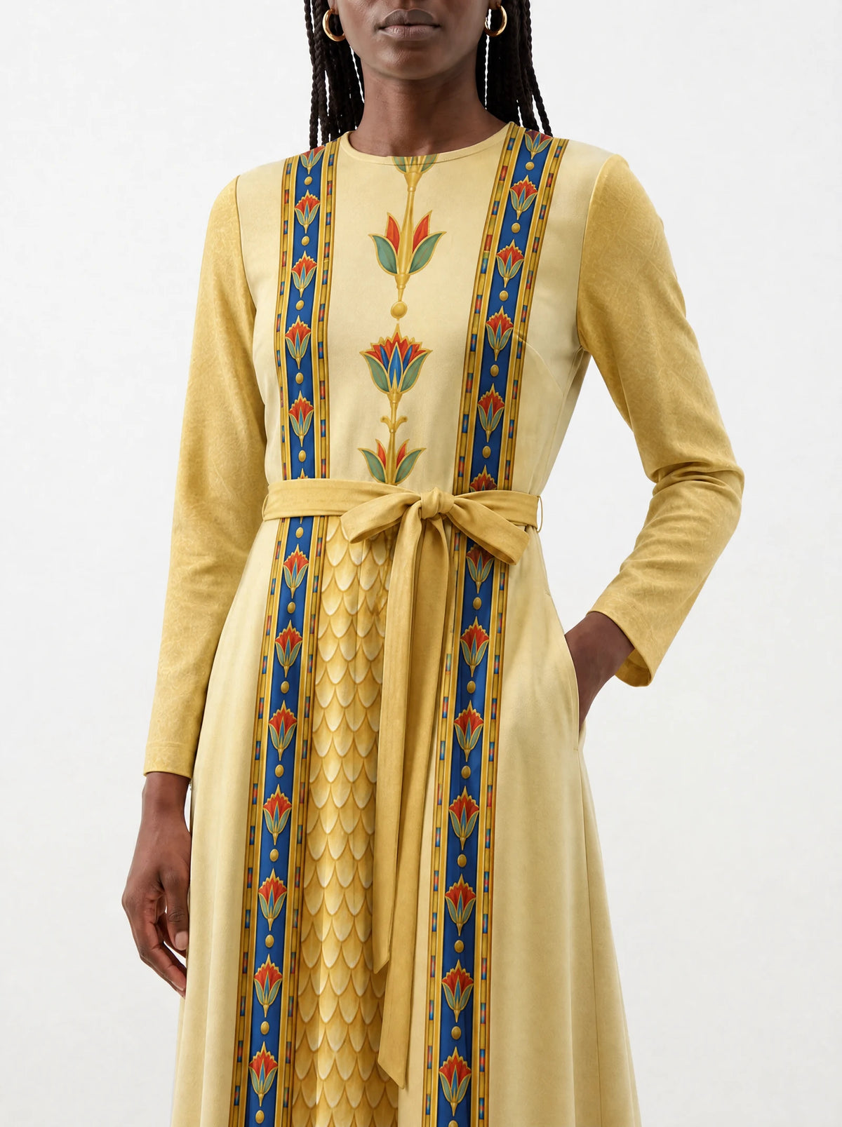 "Egyptian Queen" Long Sleeve Midaxi Dress — standing, angled view on model