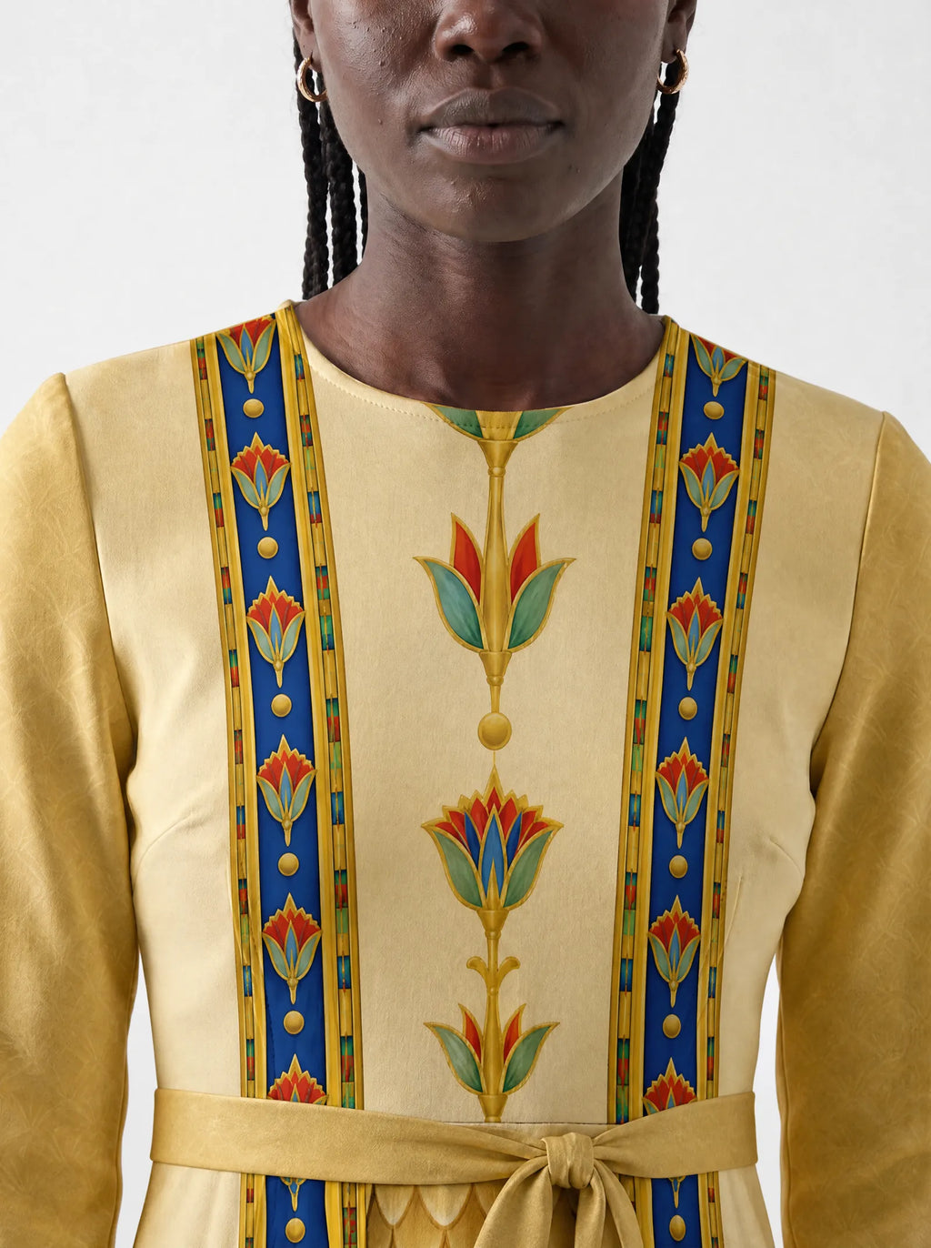 "Egyptian Queen" Long Sleeve Midaxi Dress — three-quarter view on model
